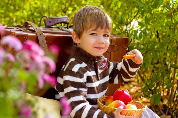 Liten pojke i höst park med en resväska och äpplen — Stockfoto