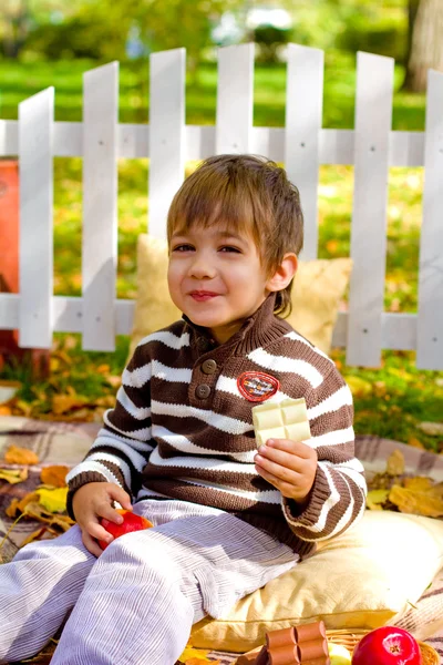 Glad liten pojke äta choklad i skogen höst — Stockfoto