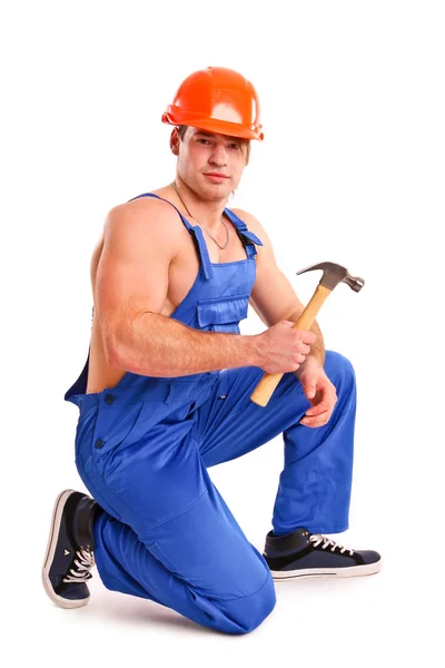 Portrét sexy mechanik s kladivem — Stock fotografie