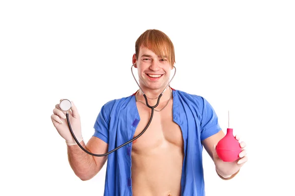 Happy sexy doctor with stethoscope and enema — Stock Photo, Image