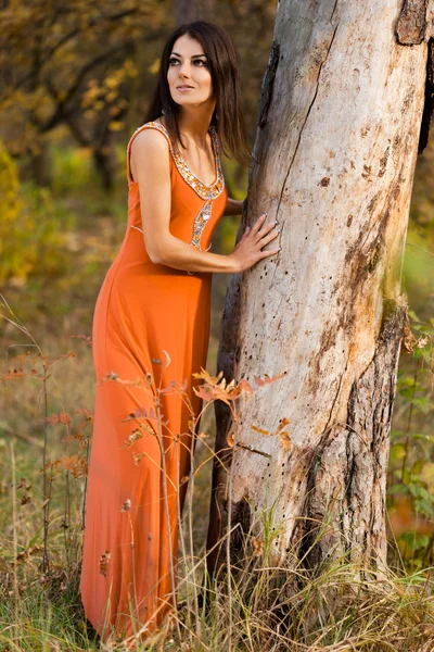 Woman in orange dress at the nature — Stock Photo, Image