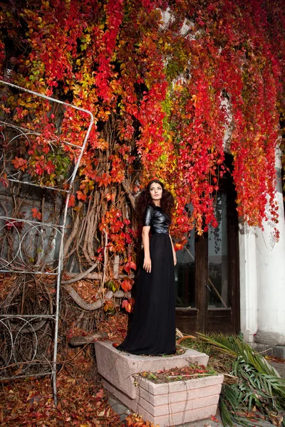 Sonbahar yaprakları duvarın yanında kadın — Stok fotoğraf