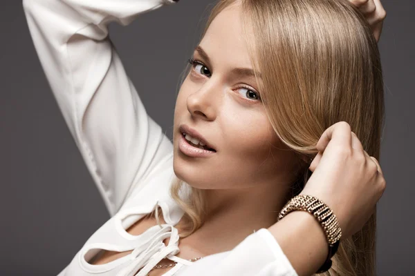 Beautiful woman in white blouse — Stock Photo, Image