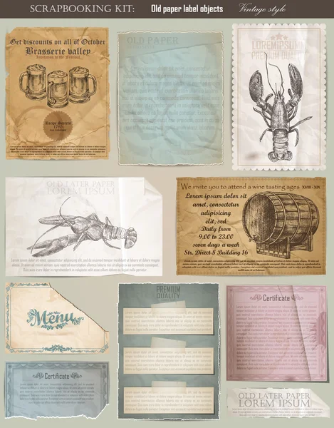 Комплект скрапбукинга. старые текстуры бумаги: различные бумажные объекты возрастом — стоковый вектор