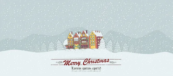 Winter background with a peaceful village in a snowy landscape. Stock Vector