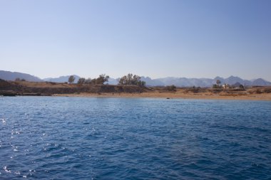 Arap çölü ile parlak mavi deniz yüzeyine arka planda-deniz