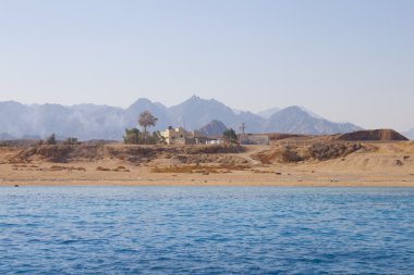 Arap çölü ile parlak mavi deniz yüzeyine arka planda-deniz