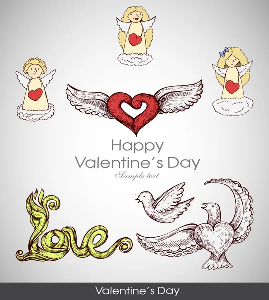 Carte de vœux avec coeur de Saint Valentin avec des anges, des cupides. Des trucs rétro dessinés à la main . — Image vectorielle