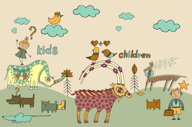 귀여운 만화 동물 및 아이 들