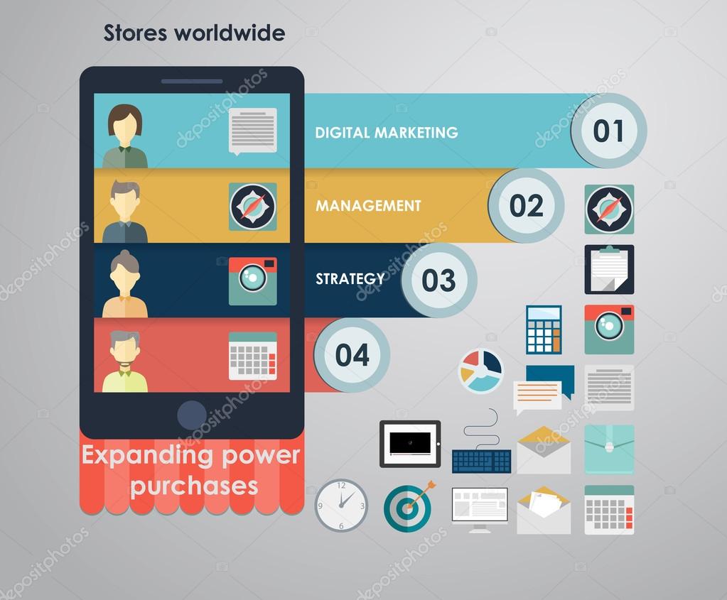 Set of flat design concept icons for web and mobile phone services and apps. Icons for mobile marketing, email marketing, video marketing and digital marketing.
