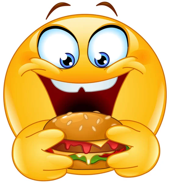 Emoticono Emoji Hambriento Comiendo Una Hamburguesa Vegana — Archivo Imágenes Vectoriales
