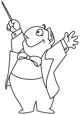 Mutlu tombul müzik bestecisi kollarını kaldırıp copunu kaldırıyor. Vektör satırı resim resimleme sayfası.