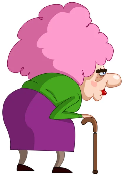 Old Lady Woman Walking Stick Cane Pink Hair — Stockvector