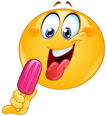 Dili dışarı çıkmış mutlu emoji simgesi buzlu şeker ya da lolipop yemeye hazırlanıyor. 
