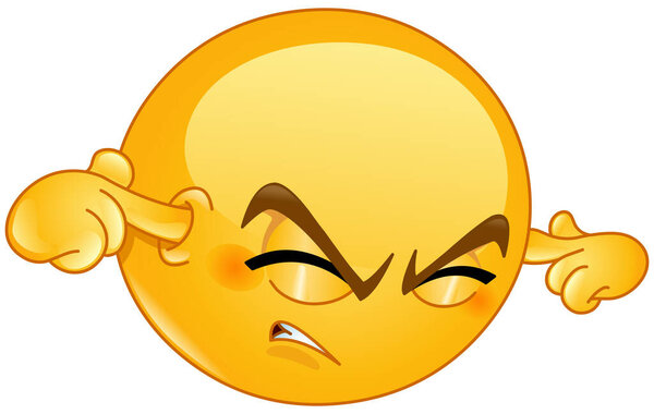 Annoyed emoji emoticon plugging his ears to avoid loud noise, having irritated look.