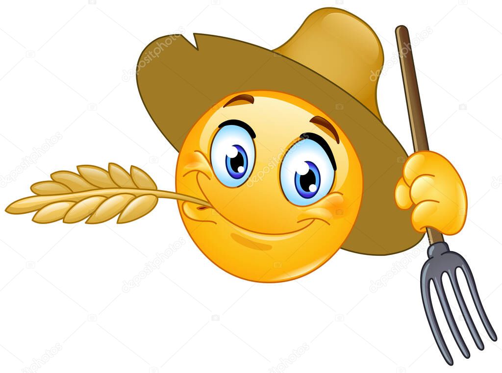 Happy farmer of rancher emoji emoticon chewing a barley straw and holding a pitchfork
