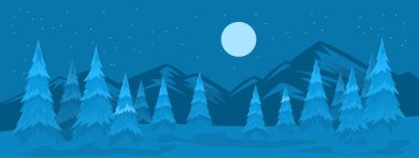 Geceleyin arka planda dağlar olan köknar ormanı.