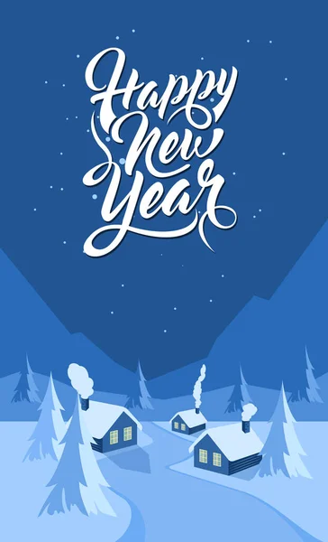Inverno paisagem fundo com texto Feliz Ano Novo — Vetor de Stock