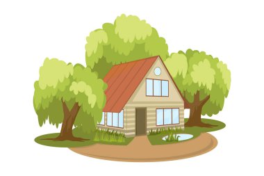 Yaz manzarası. Ağaçlarla çevrili ev.