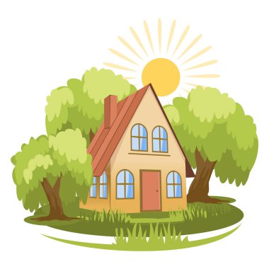 Yaz manzarası. Ağaçlarla çevrili ev