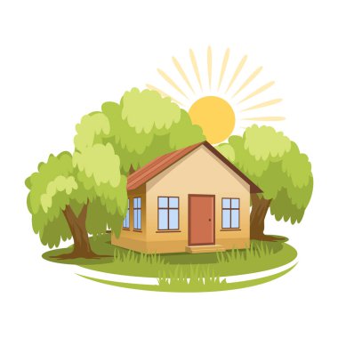 Yaz manzarası. Ağaçlarla çevrili ev.