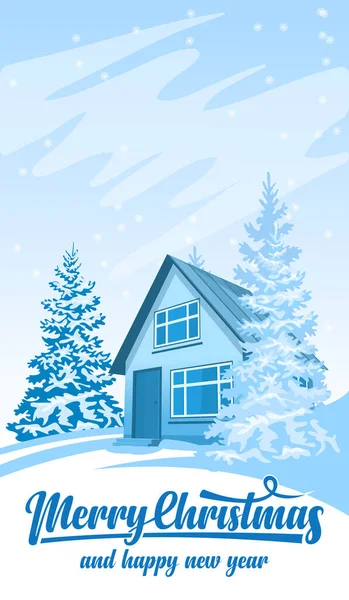 Inverno paisagem fundo com texto Feliz Natal — Vetor de Stock