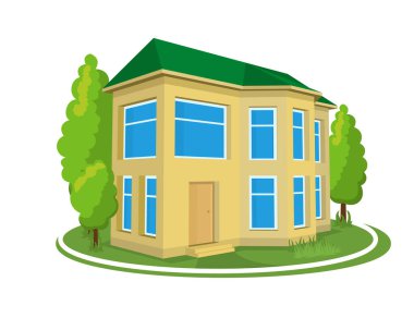 Yaz manzarası. Ağaçlarla çevrili 3D kulübe simgesi.