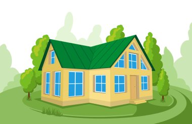 Yaz manzarası. Ağaçlarla çevrili 3D kulübe simgesi.