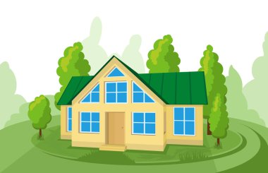 Yaz manzarası. Ağaçlarla çevrili 3D kulübe simgesi.