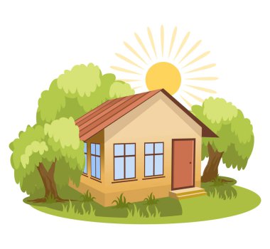 Yaz manzarası. Ağaçlarla çevrili ev