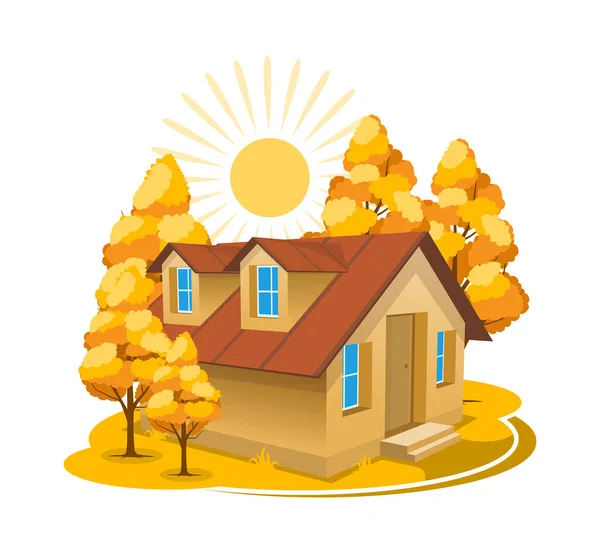 Autumn landscape. 3D cottage surrounded by trees — Stock Vector