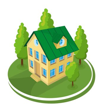 Yaz manzarası. Ağaçlarla çevrili 3D kulübe simgesi.