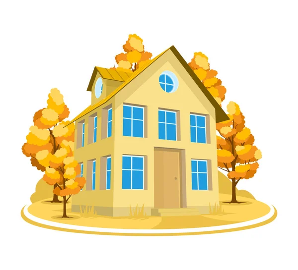Autumn landscape. 3D cottage surrounded by trees — Stock Vector