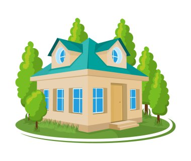 Yaz manzarası. Ağaçlarla çevrili 3D kulübe ikonu. Vektör illüstrasyonu