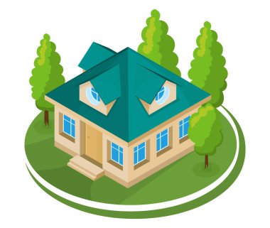 Yaz manzarası. Ağaçlarla çevrili 3D kulübe simgesi.