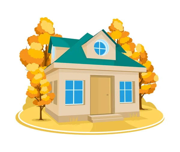 Autumn landscape. 3D cottage surrounded by trees — Stock Vector