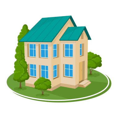 Yaz manzarası. Ağaçlarla çevrili 3B ev simgesi.
