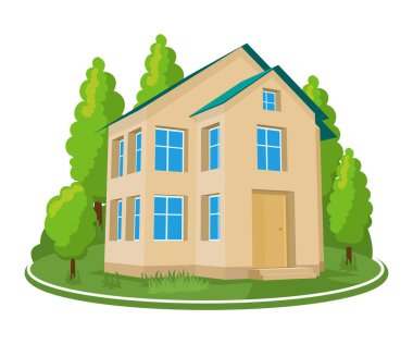 Yaz manzarası. Ağaçlarla çevrili 3B ev simgesi.