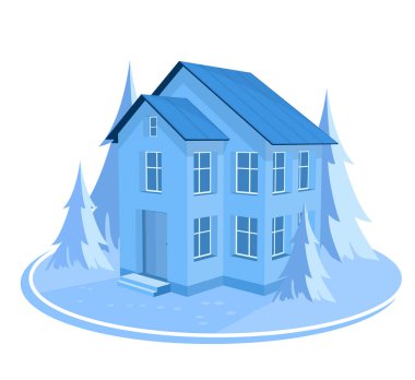 Kış manzarası. Üç boyutlu ev ağaçlarla çevrili.