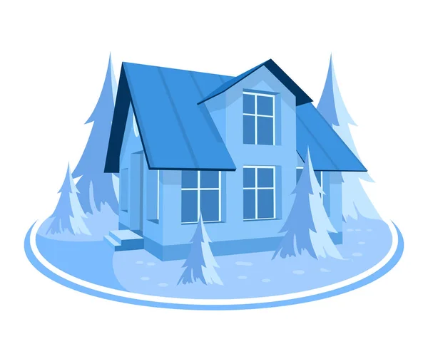 Χειμερινό τοπίο. 3D σπίτι που περιβάλλεται από δέντρα — Διανυσματικό Αρχείο