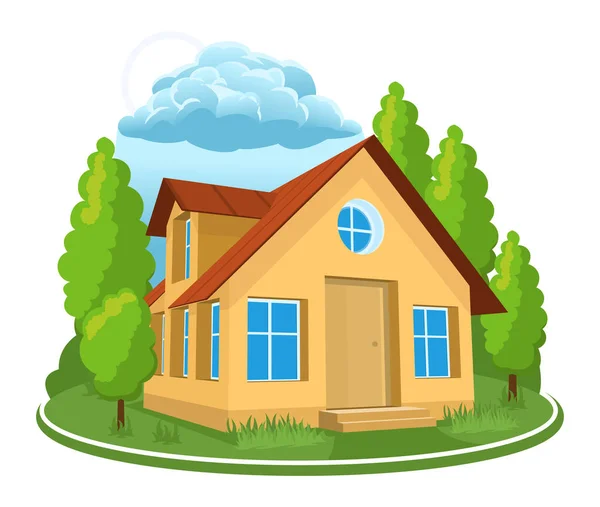 Letní krajina. 3D dům ikona obklopen stromy. — Stockový vektor