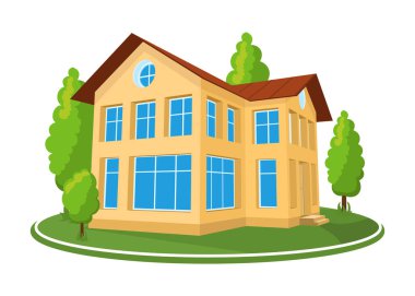 Yaz manzarası. Ağaçlarla çevrili 3B ev simgesi.