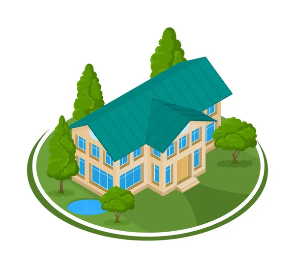 Paisaje de verano. Icono de casa 3D rodeado de árboles. — Archivo Imágenes Vectoriales