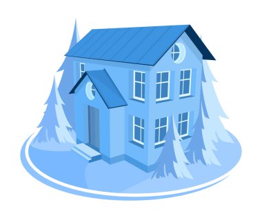 Kış manzarası. Üç boyutlu ev ağaçlarla çevrili.