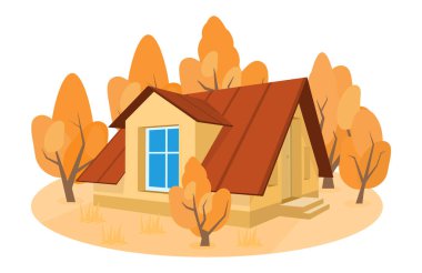 Sonbahar manzarası. Üç boyutlu ev ağaçlarla çevrili.