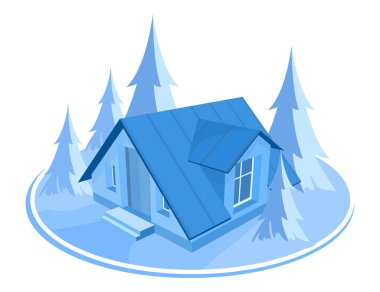 Kış manzarası. Üç boyutlu ev ağaçlarla çevrili.