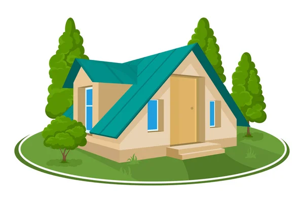 Sommarlandskap. 3D hus ikonen omgiven av träd. — Stock vektor