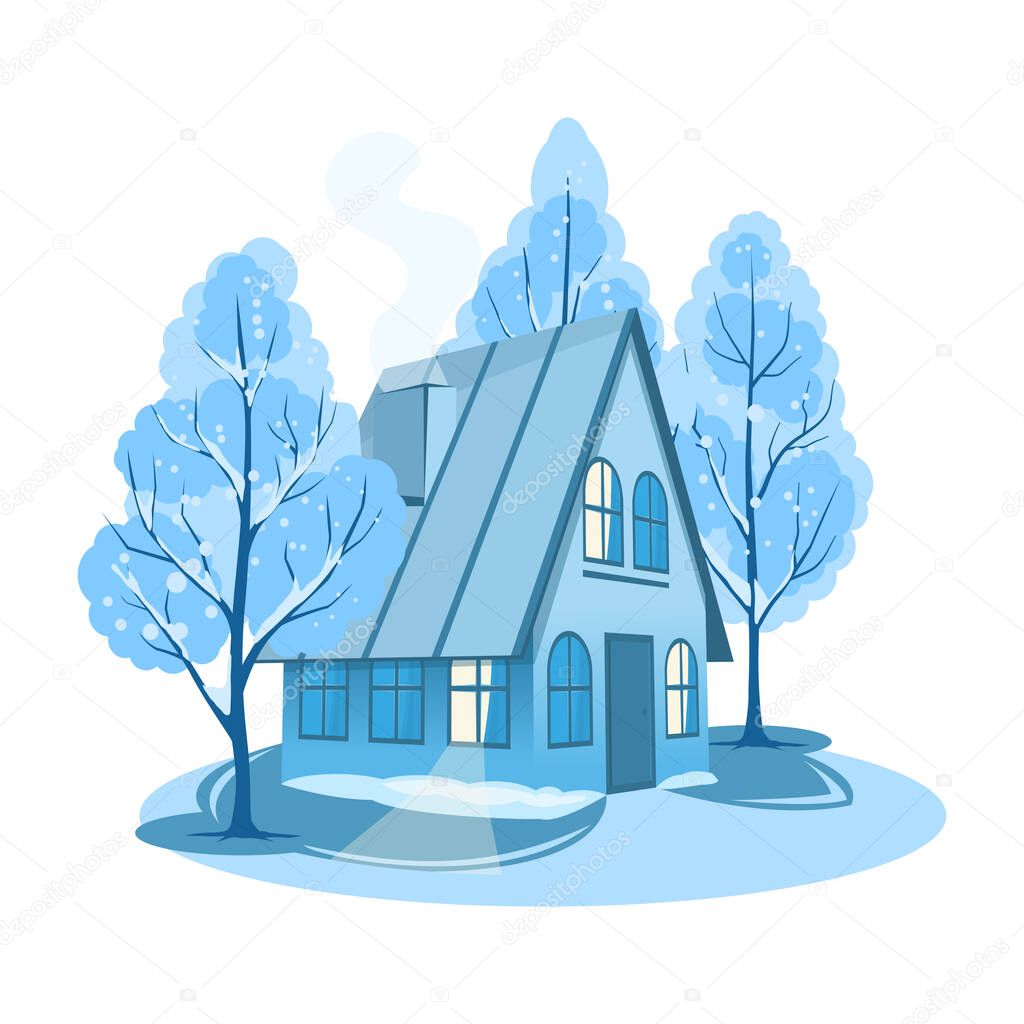 Winter landscape. House surrounded by trees