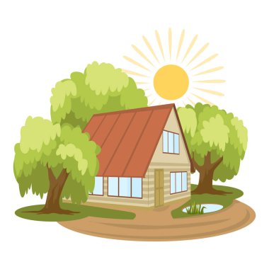 Yaz. Ağaçlarla çevrili ev