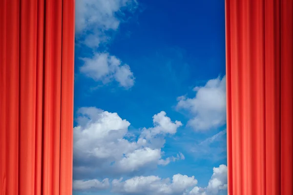 Curtains with view of clouds and sky — Stock Photo, Image
